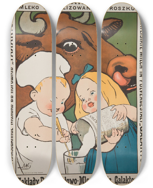 Triptych art skateboard deck of Bronisaw Winiewski Galakton Mleko Sterylizowane W Proszku by Bronislaw Wisniewski (1866-1938)