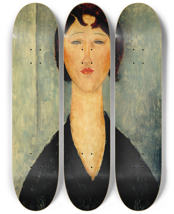 Triptych art skateboard deck of Amedeo Modigliani Portrait Of A Young Woman_2 by Amedeo Modigliani (1884-1920)