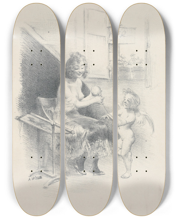 Triptych art skateboard deck of Adolphe Lon Willette Impatience by Adolphe Leon Willette (1857-1926)