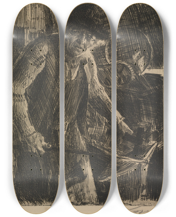 Triptych art skateboard deck of Anders Zorn The Mastersmith by Anders Zorn (1860-1920)
