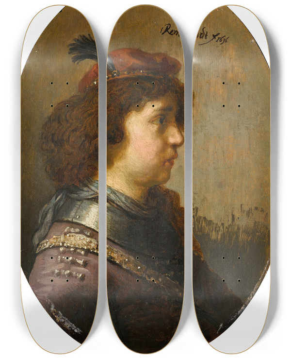 Triptych art skateboard deck of Follower Of Rembrandt Van Rijn Portrait Of A Young Man In Armour And A Red Feathered Cap by Follower of Rembrandt van Rijn (1606-1669)