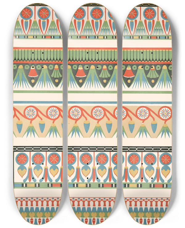 Triptych art skateboard deck of Gustave Jquier 58 Frise Du Tombeau De Sebekhotep N 63 by Gustave Jequier (1868-1946)