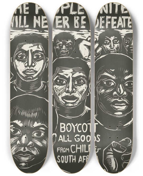 Triptych art skateboard deck of Rachael Romero The People United Will Never Be Defeated Boycott The Repressive Regimes Of Chile And South Africa by Rachael Romero (1953)