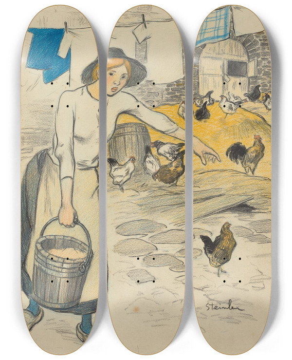 Triptych art skateboard deck of Thophile Alexandre Steinlen Fille De Ferme by Theophile Alexandre Steinlen (1859-1923)