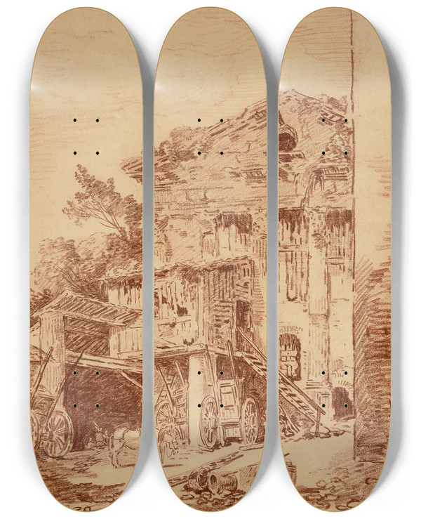 Triptych art skateboard deck of Hubert Robert A Courtyard Near The Campo Vaccino In Rome by Hubert Robert (1733-1808)