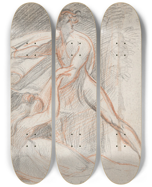Triptych art skateboard deck of Theodor Von Holst Man Holding A Dagger Next To A Reclining Woman by Theodor Von Holst (1810-1844)