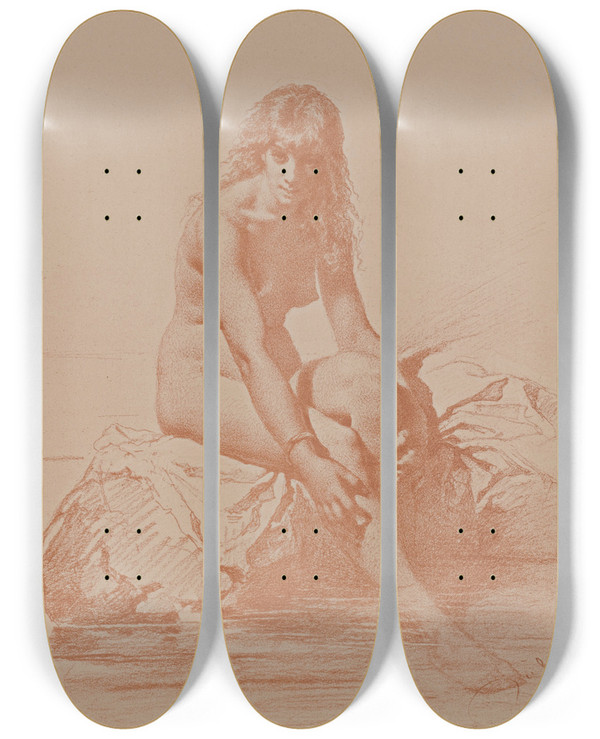 Triptych art skateboard deck of Mihly Zichy Nude Print_1 by Mihaly Zichy (1827-1906)