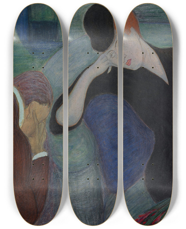 Triptych art skateboard deck of Marianne Von Werefkin Interior With A Seated Couple by Marianne von Werefkin (1860-1938)