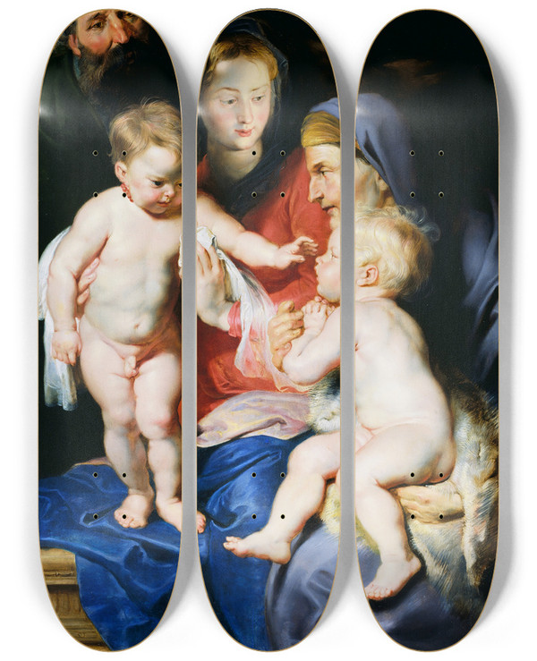 Triptych art skateboard deck of Peter Paul Rubens The Holy Family With Saint Elizabeth And Saint John The Baptist by Peter Paul Rubens (1577-1640)