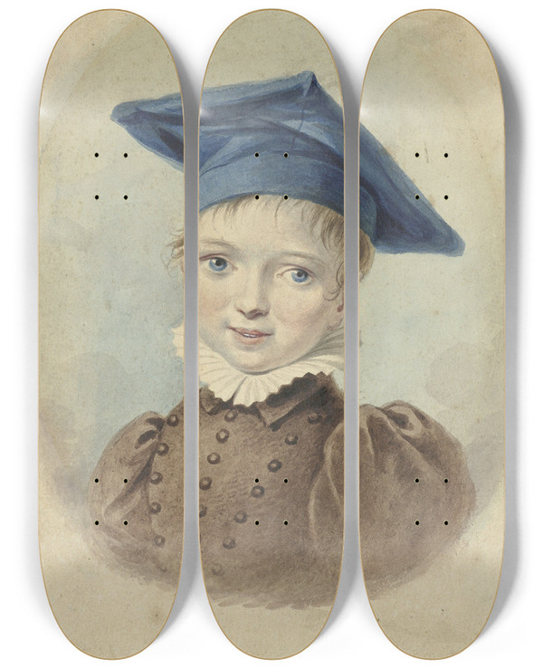 Triptych art skateboard deck of Johannes Hari Jongetje Met Een Blauwe Baret by Johannes Hari (1772-1849)
