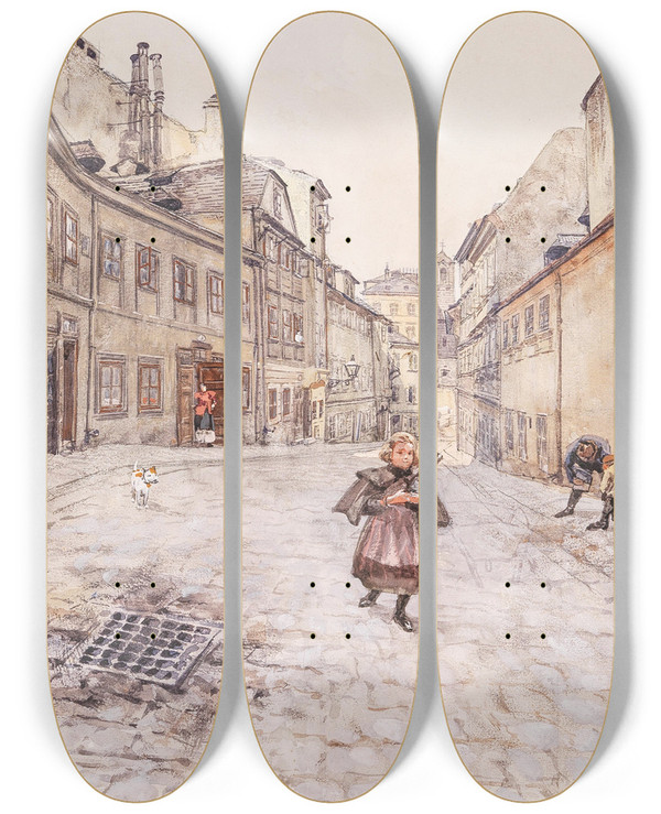 Triptych art skateboard deck of Carl Pippich Motiv Vom Spittelberg by Carl Pippich (1862-1932)