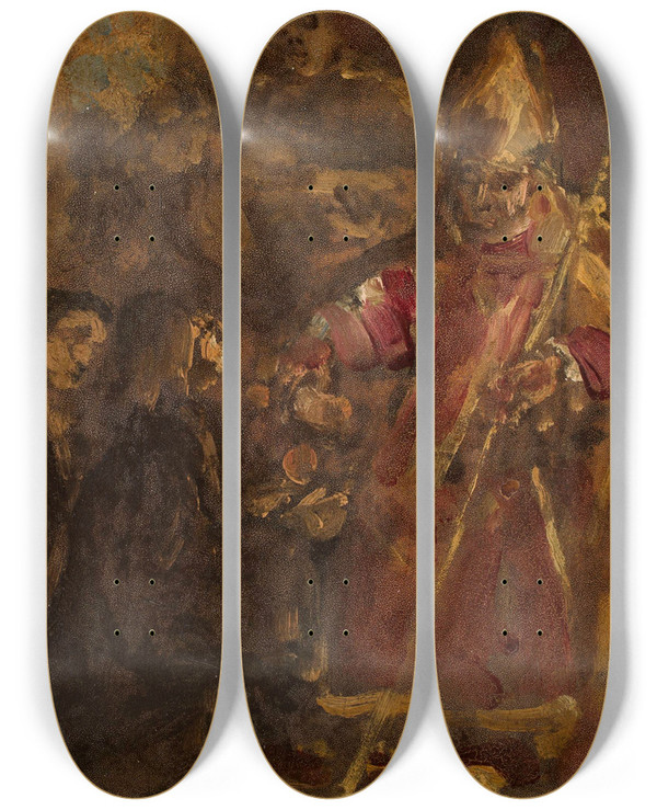 Triptych art skateboard deck of Jan Matejko Bishop Lubraski Establishes The Ecclesiastical Academy In Pozna Sketch by Jan Matejko (1838-1893)