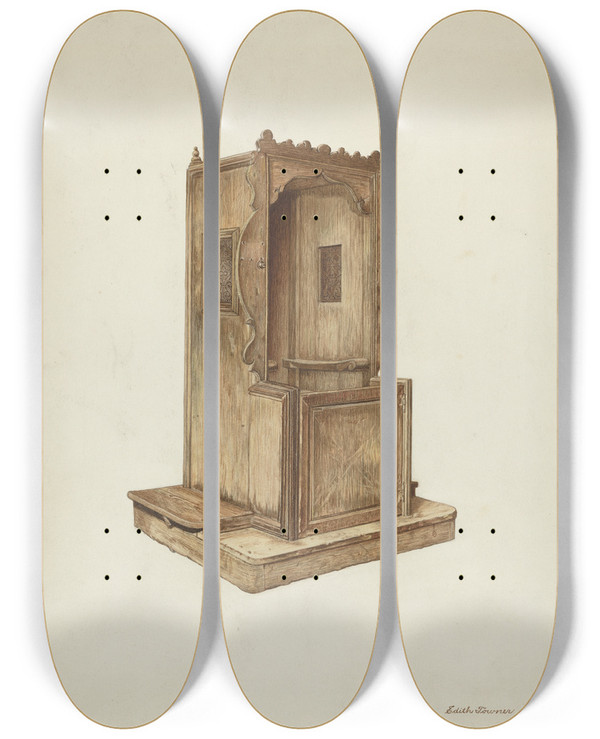Triptych art skateboard deck of Edith Towner Confessional by Edith Towner (20-)