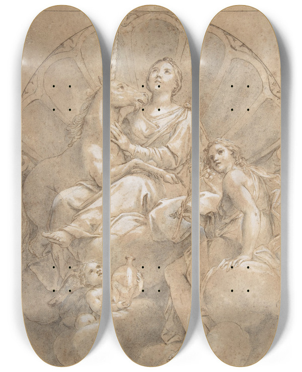 Triptych art skateboard deck of Marcantonio Franceschini Allegorical Figure Of Purity With A Unicorn by Marcantonio Franceschini (1648-1729)