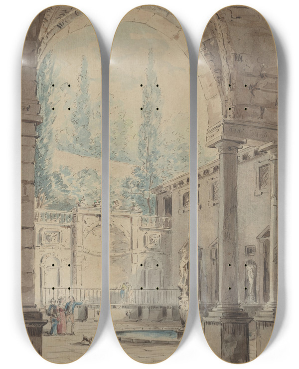 Triptych art skateboard deck of Follower Of Hubert Robert Courtyard Of The Villa Pliniana by Follower Of Hubert Robert (1733-1808)