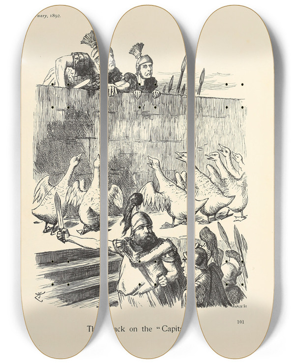 Triptych art skateboard deck of Sir John Tenniel The Attack On The Capital by Sir John Tenniel (1820-1914)