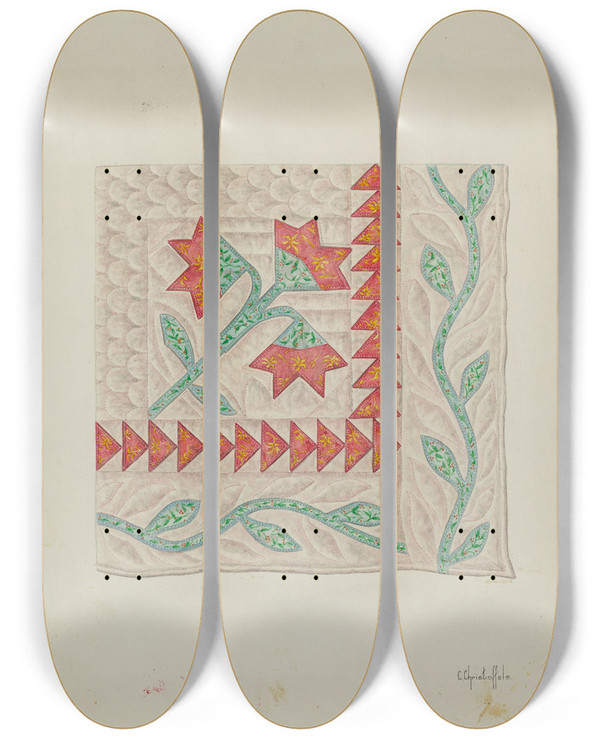 Triptych art skateboard deck of Cornelius Christoffels Quilt Corner Section by Cornelius Christoffels (1879-1960)