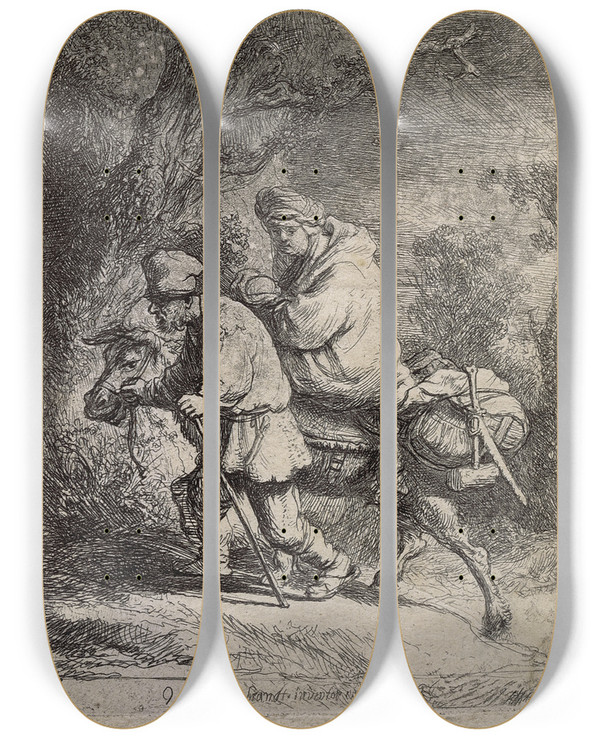 Triptych art skateboard deck of Rembrandt Van Rijn The Flight Into Egypt_1 by Rembrandt Van Rijn (1606-1669)