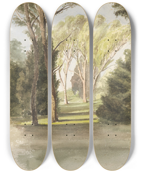 Triptych art skateboard deck of Ladislav Mednynszky Trees In A Park by Ladislav Mednyanszky (1852-1919)