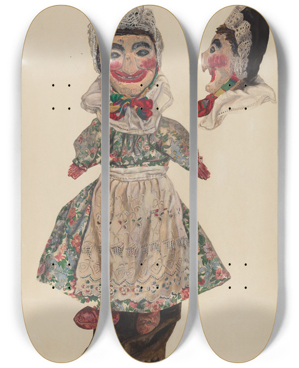 Triptych art skateboard deck of Dorothy Brennan Puppet Judy by Dorothy Brennan