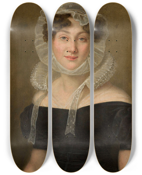 Triptych art skateboard deck of Karol Schweikart Portrait Of A Lady In A Cap by Karol Schweikart (1772-1855)