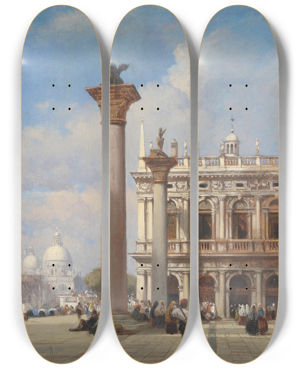 Triptych art skateboard deck of William Wyld Venezia Piazza San Marco by William Wyld (1806-1889)