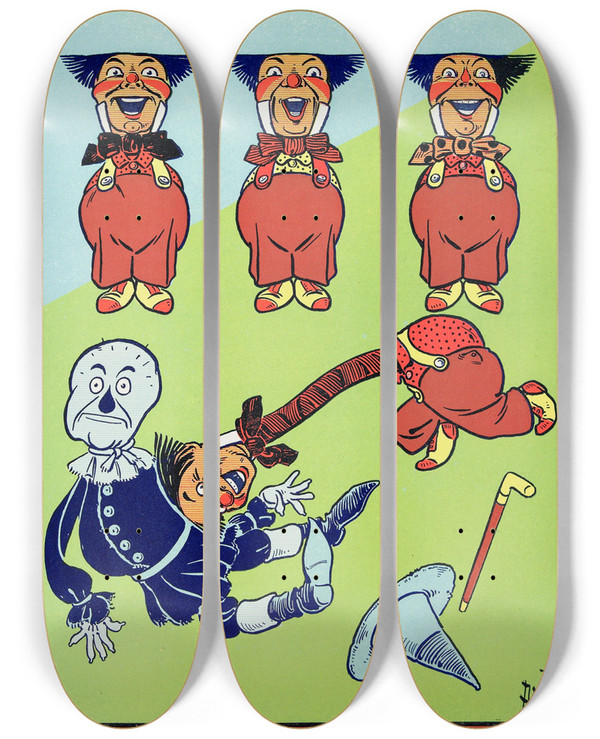 Triptych art skateboard deck of William Wallace Denslow The Head Shot Forward And Struck The Scarecrow by William Wallace Denslow (1856-1915)