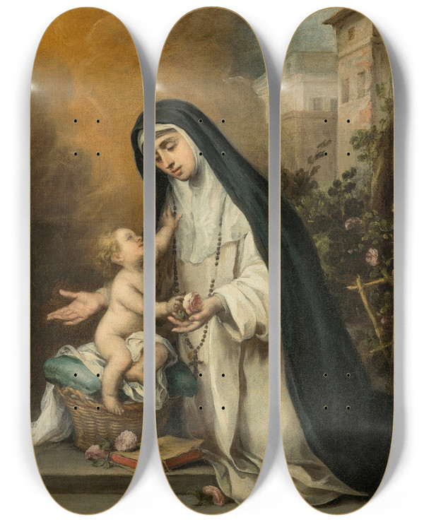 Triptych art skateboard deck of Bartolom Estebn Murillo Santa Rosa Of Lima by Bartolome Esteban Murillo (1617-1682)
