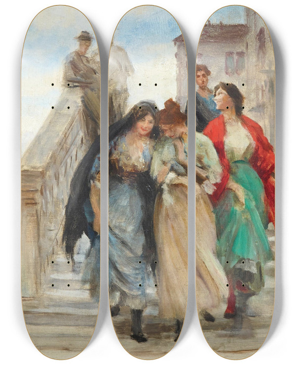 Triptych art skateboard deck of Eugen Von Blaas Secrets_2 by Eugen Von Blaas (1843-1931)