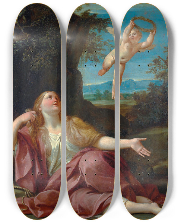 Triptych art skateboard deck of Bolognese School Penitent Magdalene by Bolognese School