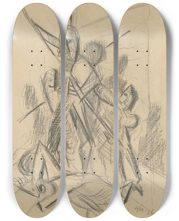 Triptych art skateboard deck of Cyprin Majernk Death Study For The Painting Bartholomews Night by Cyprian Majernik (1909-1945)