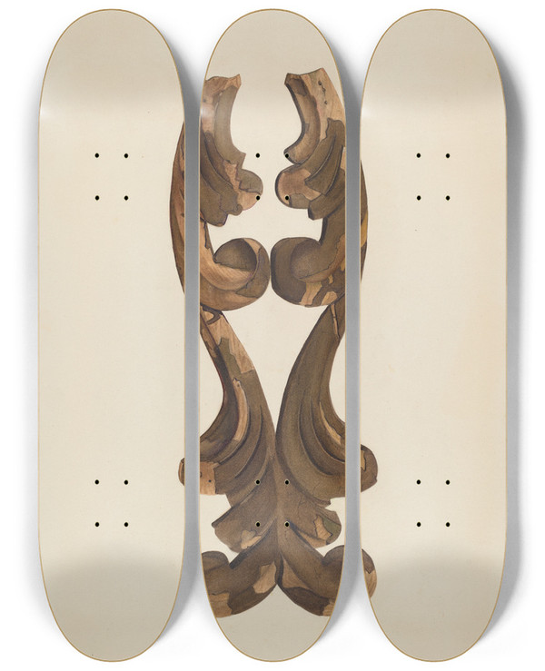 Triptych art skateboard deck of Lionel Ritchey Wood Carving Scroll_2 by Lionel Ritchey