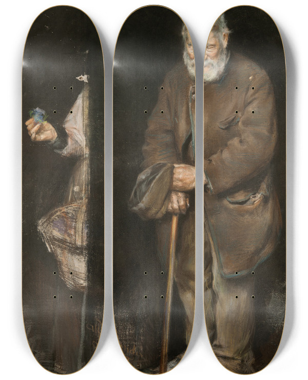 Triptych art skateboard deck of Alf Wallander The Old Beggar by Alf Wallander (1862-1914)