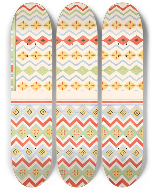 Triptych art skateboard deck of Gustave Jquier 7 Plafond Du Tombeau Damenemant N 58 8 Plafond Du Tombeau De Pehsoukehr N 88 by Gustave Jequier (1868-1946)