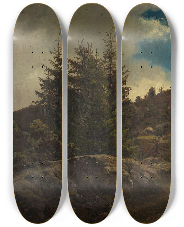 Triptych art skateboard deck of Adolph Tidemand Landscape From Nes In Hallingdal by Adolph Tidemand (1814-1876)