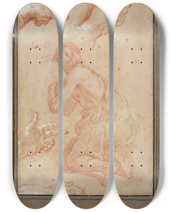 Triptych art skateboard deck of Abraham Bloemaert Studies Of Hands by Abraham Bloemaert (1564-1651)