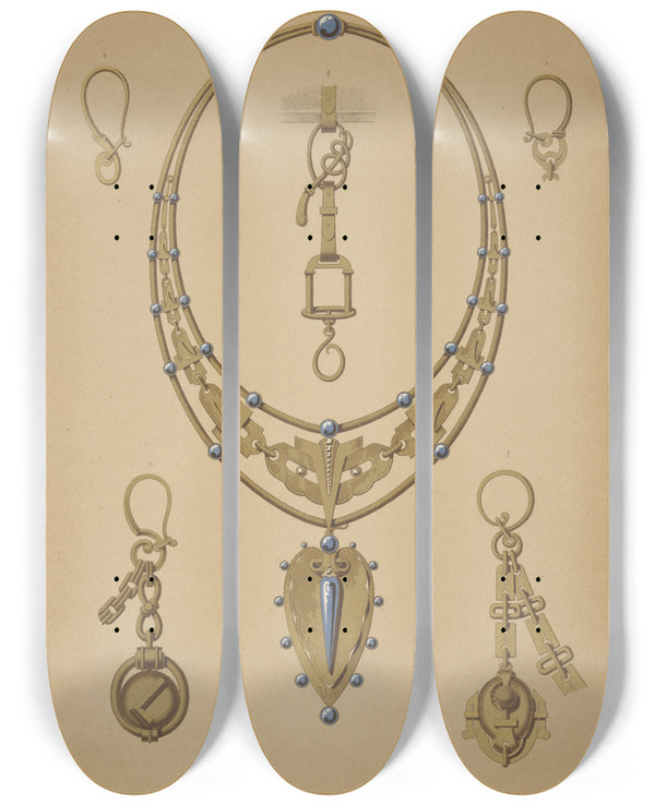 Triptych art skateboard deck of Martin Gerlach Six Designs For Jewelry Including Large Necklace With Gold Pendant With Blue Stones by Martin Gerlach (1846-1918)