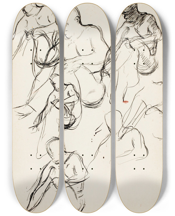 Triptych art skateboard deck of Magnus Enckell Luonnoksia Istuvasta Miehest by Magnus Enckell (1870-1925)