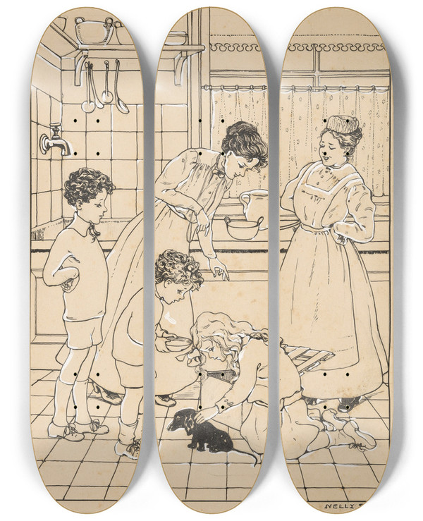 Triptych art skateboard deck of Nelly Spoor Vrouwen En Kinderen Met Een Puppy In Een Keuken_1 by Nelly Spoor (1885-1950)