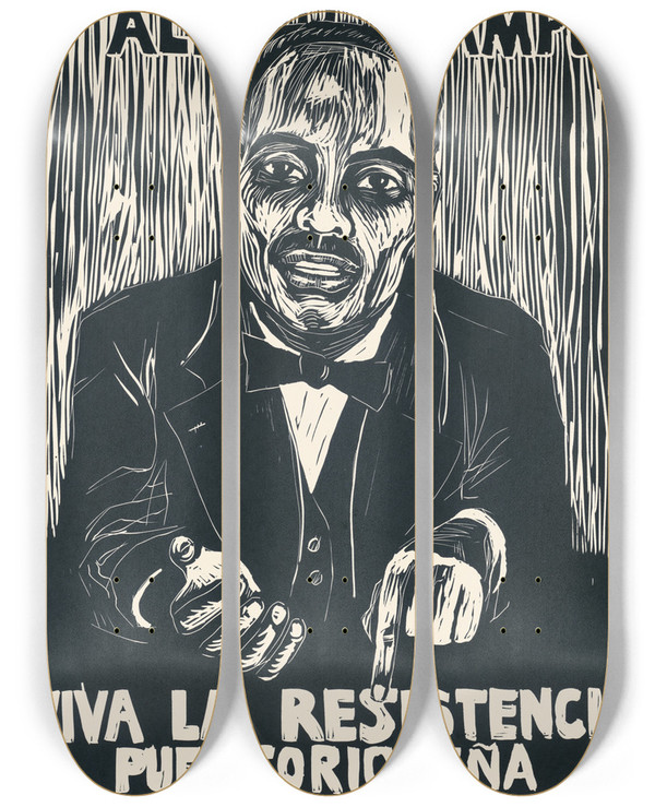 Triptych art skateboard deck of Rachael Romero Albizu Campos Viva La Resistencia Puerto Riqueua by Rachael Romero (1953)