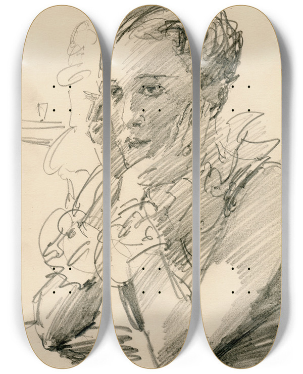 Triptych art skateboard deck of Isaac Israls Vrouw Aan Een Tafel Het Hoofd Steunend In De Handen by Isaac Israels (1865-1934)
