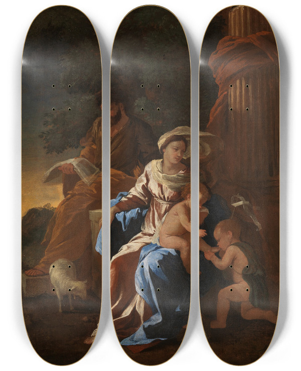 Triptych art skateboard deck of Nicolas Poussin Die Heilige Familie Mit Dem Johannesknaben by Nicolas Poussin (1594-1665)