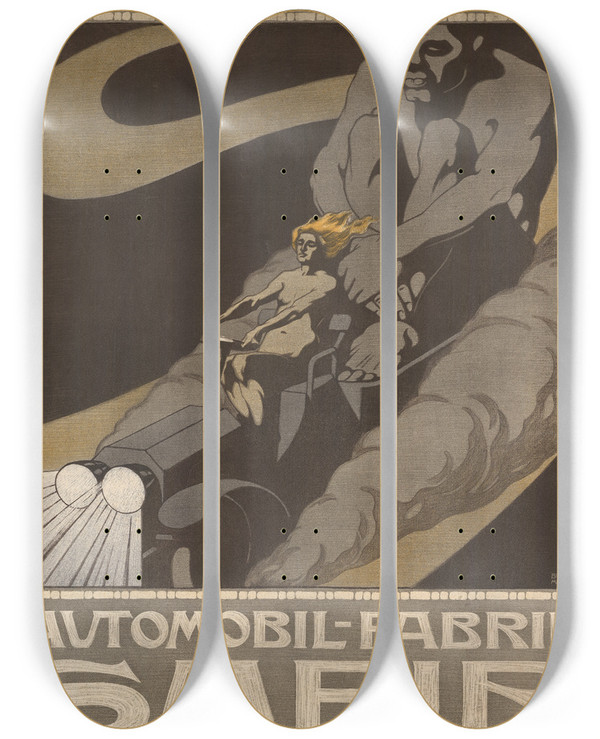 Triptych art skateboard deck of Burkhard Mangold Automobilfabrik Safir Zrich by Burkhard Mangold (1873-1950)