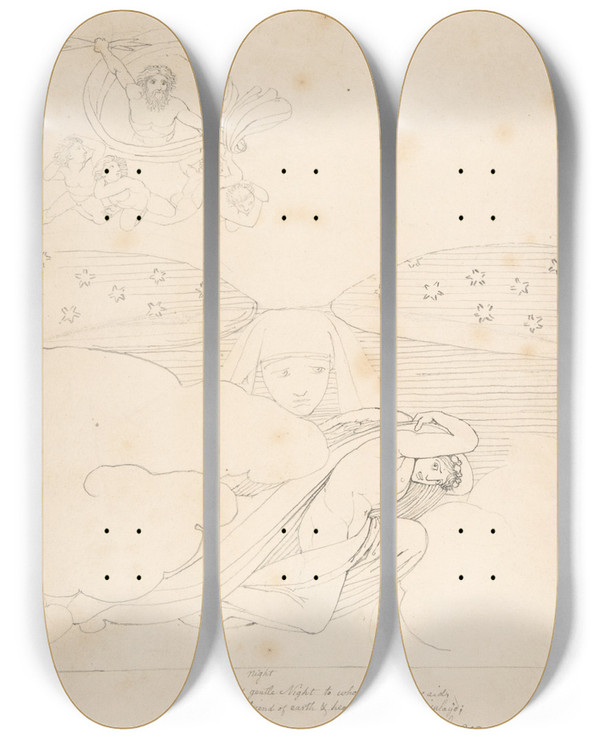 Triptych art skateboard deck of John Flaxman Sleep Escaping From The Wrath Of Jupiter by John Flaxman (1755-1826)