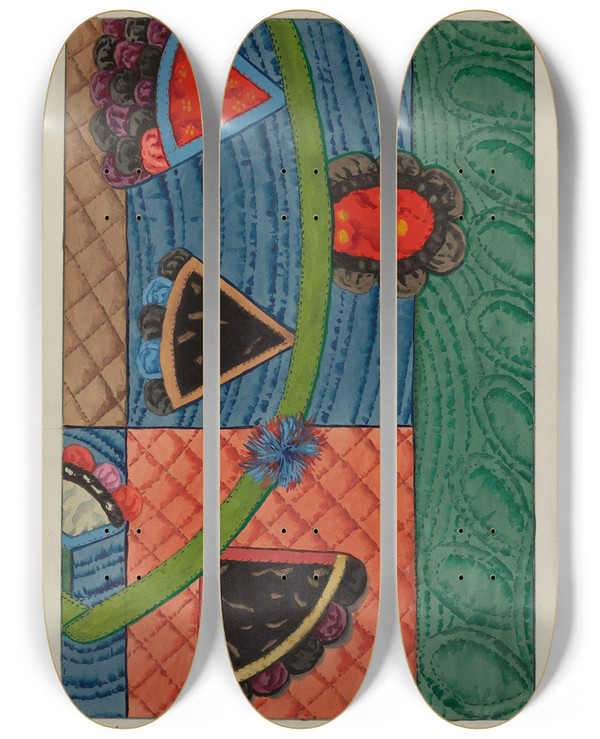 Triptych art skateboard deck of Ruth M Barnes Coverlet Applique Quilt_2 by Ruth M Barnes