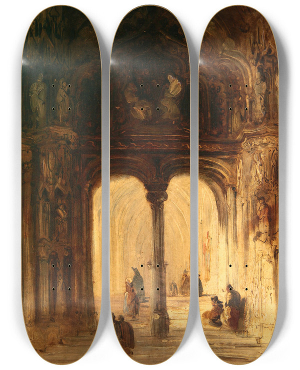 Triptych art skateboard deck of Genaro Prez Villaamil Interior De Iglesia_1 by Genaro Perez Villaamil (1807-1854)