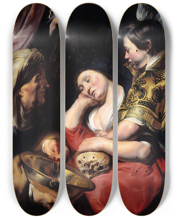 Triptych art skateboard deck of Jacob Jordaens The Temptation Of The Magdalene by Jacob Jordaens (1593-1678)