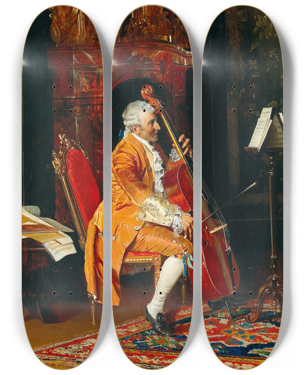 Triptych art skateboard deck of Johann Hamza Cellist by Johann Hamza (1850-1927)