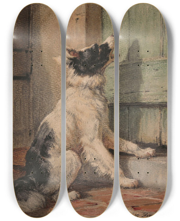 Triptych art skateboard deck of Henritte Ronnerknip Waiting by Henritte Ronner-Knip (1821-1909)