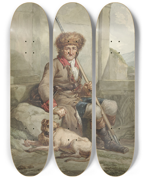 Triptych art skateboard deck of Abraham Van Strij Zittende Jager Met Bontmuts Speer En Weitas by Abraham Van Strij (1753-1753)